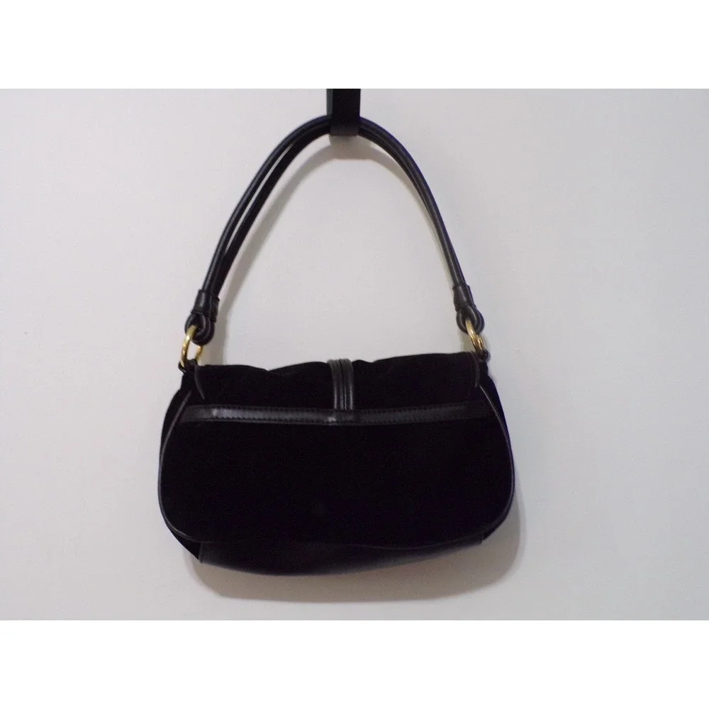 Chaps Black Velvet Satchel w/Goldtone Accents Snap Closure Faux Leather Handle